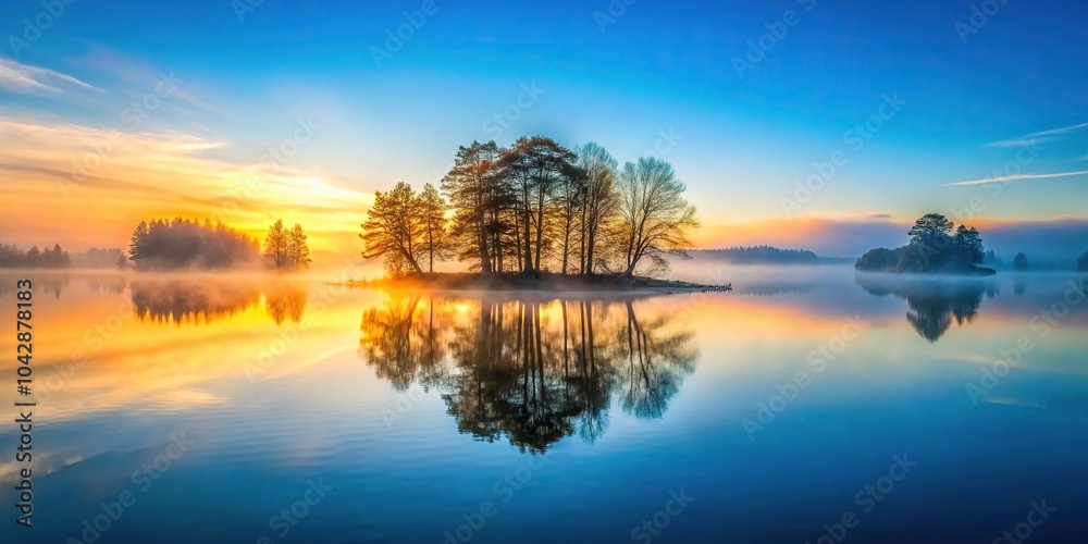 Obraz premium Foggy sunrise at a lake Island and trees in blue and orange light