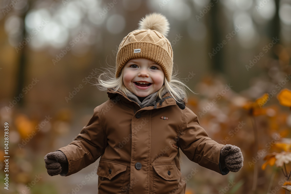 A young girl with blonde hair is smiling and wearing a brown coat and hat, standing in a forest with autumn leaves A young girl with blonde hair is smiling and wearing a brown coat and hat, standing in a forest with autumn leaves