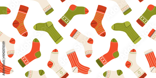 Christmas collection of trendy cotton and woolen socks with different textures isolated on white background. Vector seamless pattern. Knitted winter socks set different colors and sizes.