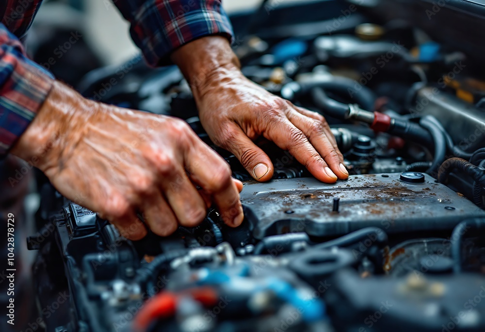 Close up of a mechanic analyzing car engine in a repair shop
Close up of a mechanic analyzing car engine in a repair shop