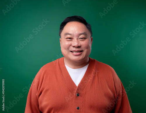 Studio Portrait of Handsome Mature Man Happily Smiling Against Green Background