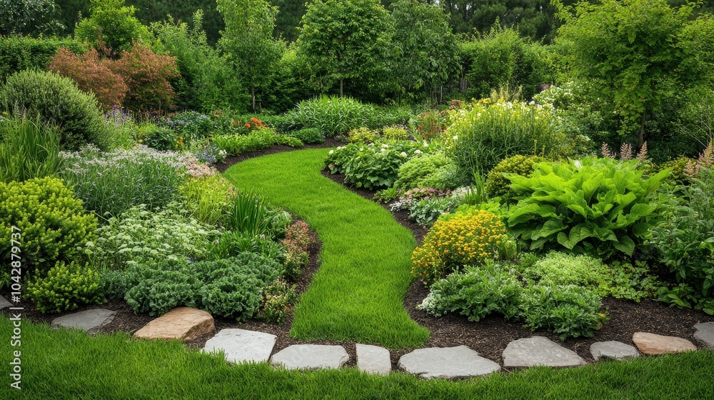 Lush garden pathway surrounded by vibrant plants and flowers, creating a serene outdoor retreat. Lush garden pathway surrounded by vibrant plants and flowers, creating a serene outdoor retreat.