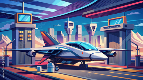 A sleek, futuristic aircraft is parked at an airport terminal, connected to a charging station, embodying the intersection of technology and sustainable travel.