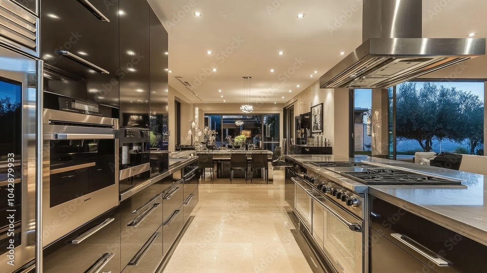 Obraz premium A contemporary kitchen with minimalist design, featuring high-end appliances and luxurious, elegant finishes