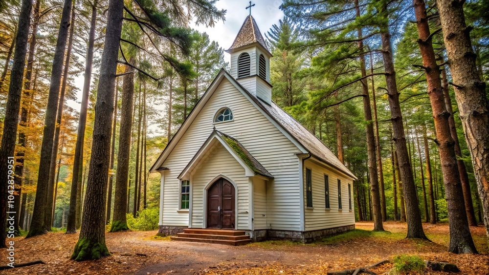 Forced perspective church in the woods isolated on white background Forced perspective church in the woods isolated on white background