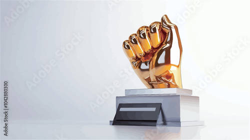 3D rendering of a golden hand holding a trophy on a white background.eps