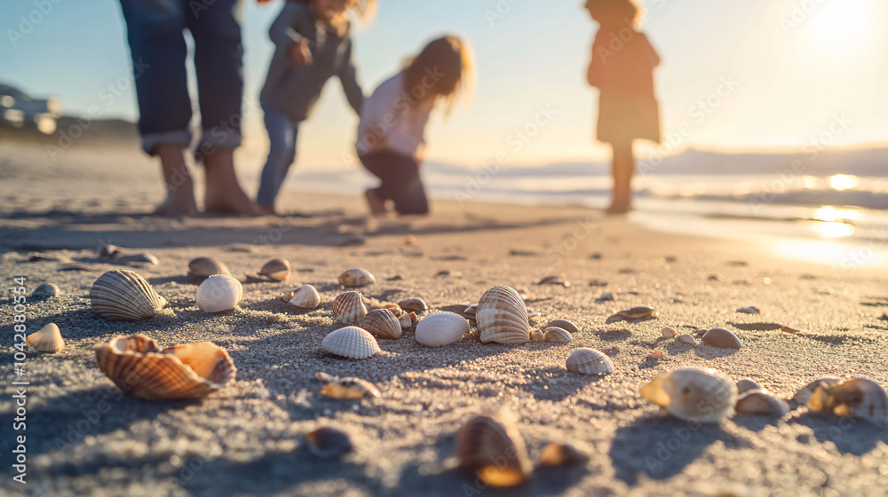 Fototapeta premium A beautiful family outing at the beach, collecting seashells and enjoying the crisp autumn breeze.