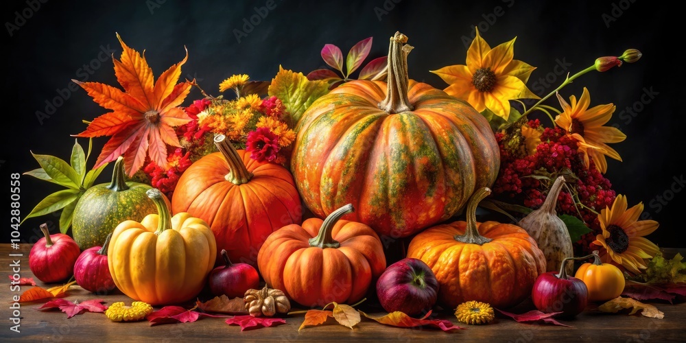 Autumn Still Life: Vibrant Pumpkins, Leaves, and Flowers on a Dark Background for Seasonal Decor Inspiration Autumn Still Life: Vibrant Pumpkins, Leaves, and Flowers on a Dark Background for Seasonal Decor Inspiration