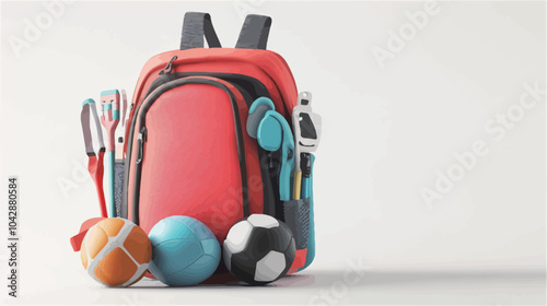 3d rendering of a red school backpack with sports equipment on a white background.eps