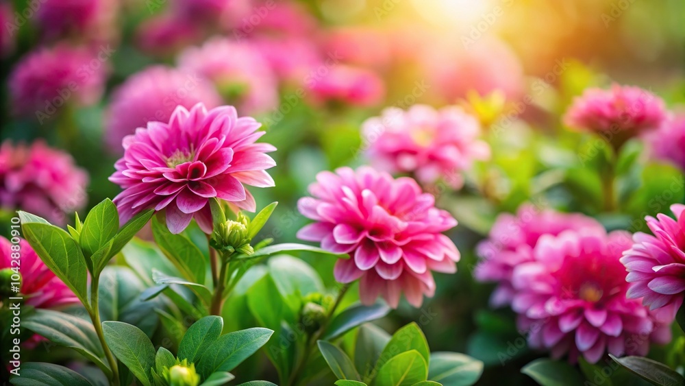 Obraz premium Contrast between pink flowers and green leaves in a forced perspective