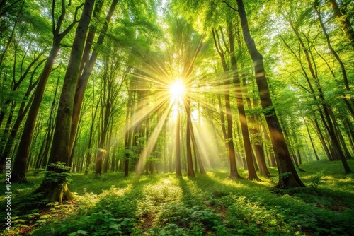 Forced perspective image of sun rays shining through dense woodland