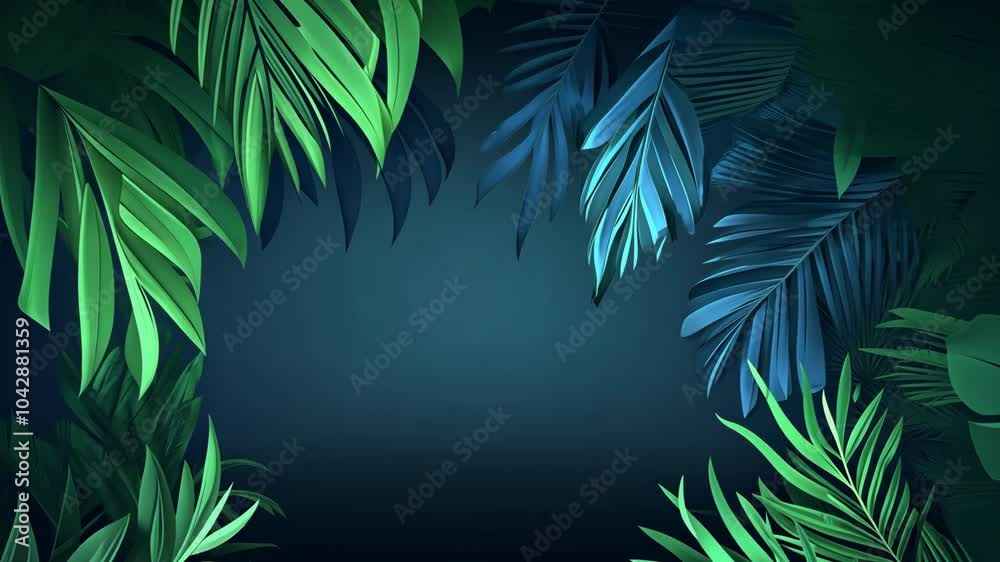 Tropical leaves frame a dark blue background Tropical leaves frame a dark blue background