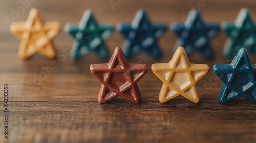 Colorful Dreidels and Gelt for Hanukkah Celebrations on a Rustic Wooden Table Display. Hanukkah and Vintage Concept photo