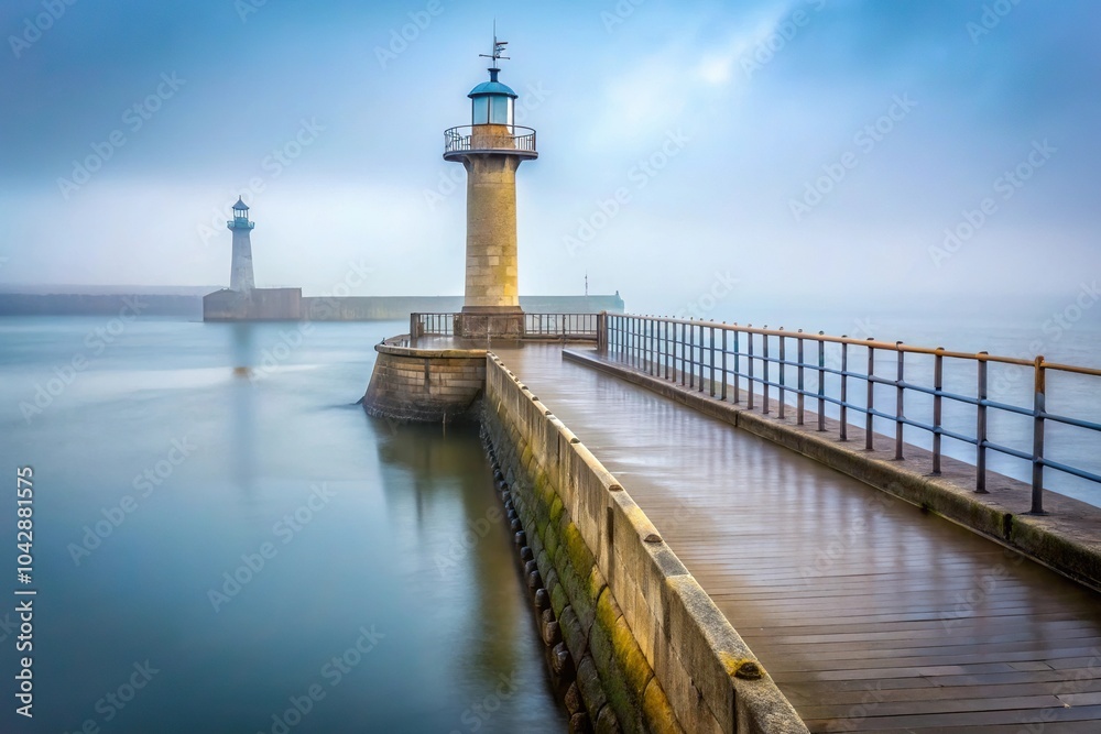 Long shot of lighthouse on pier with foggy sky in Whitby North Yorkshire Long shot of lighthouse on pier with foggy sky in Whitby North Yorkshire