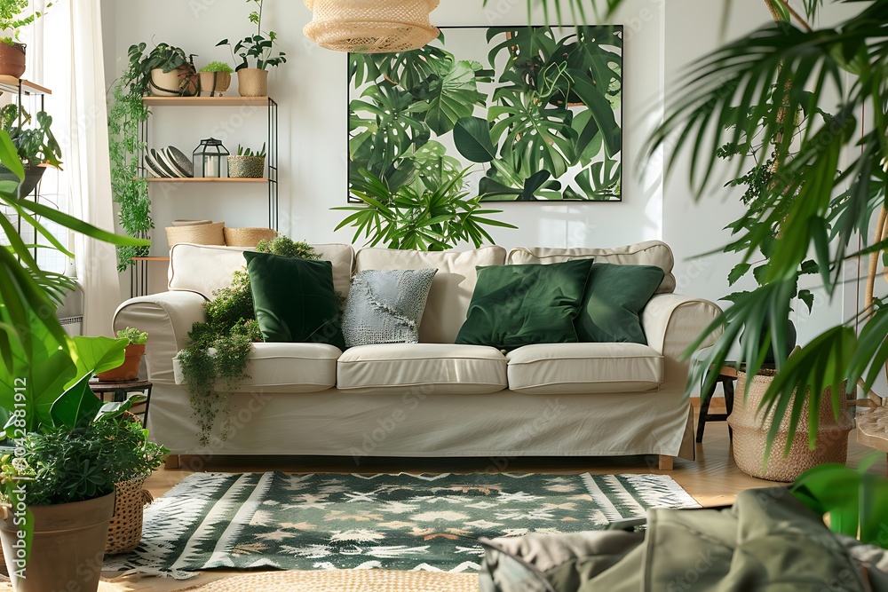 Naklejka premium Classic living room interior with green comfortable cozy sofas and houseplants