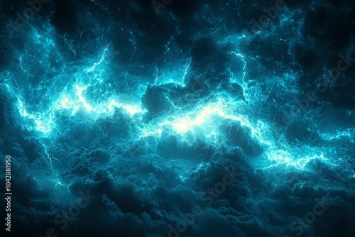 Abstract Blue Lightning Striking Through Dark Clouds photo