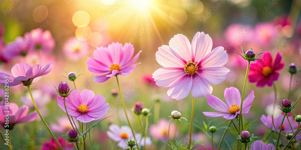Cosmos flowers in garden with soft focus and bokeh Depth of Field