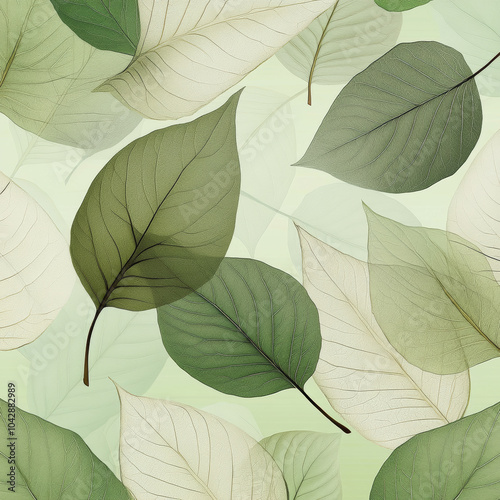 Delicate arrangement of various green leaves overlapping on a soft green background in nature