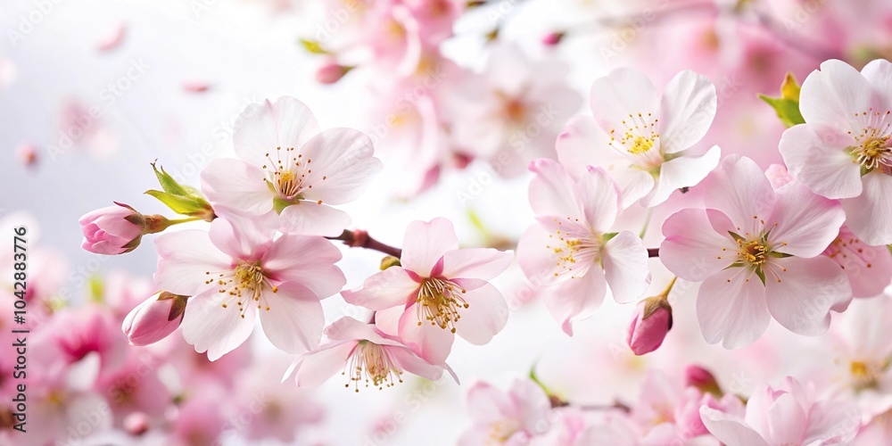 Fototapeta premium description: Cherry blossoms with scattered petals on a white background from a low angle