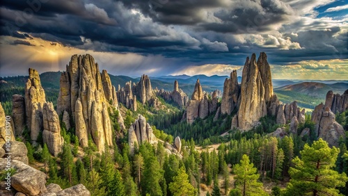 Long shot panorama of needle spires with storm clouds in background on Needles Highway in Black Hills, South Dakota photo