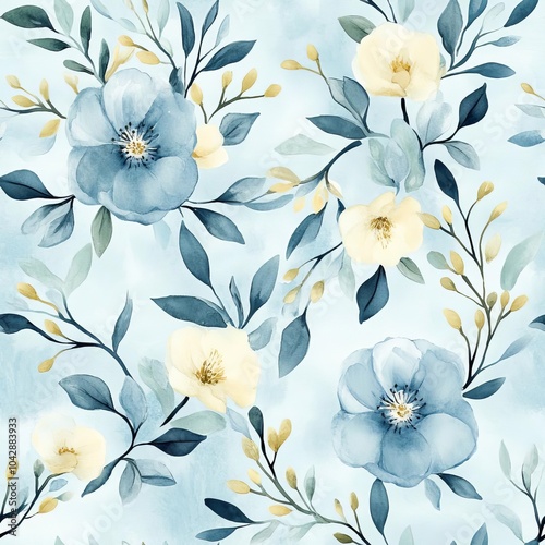 Wallpaper Mural Seamless watercolor wallpaper, symmetric floral design, pale blues and soft yellows, delicate flower details, gentle brushstroke textures , watercolor illustration Torontodigital.ca