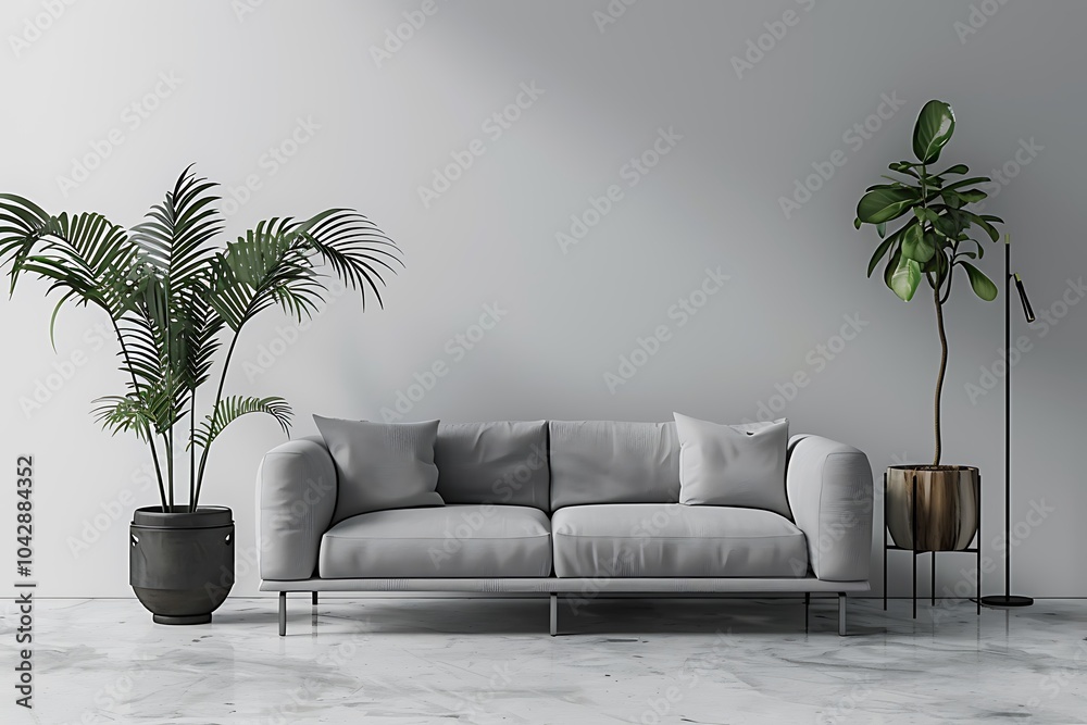 Fototapeta premium Dark living room interior with mock up with comfortable gray sofa and palm tree