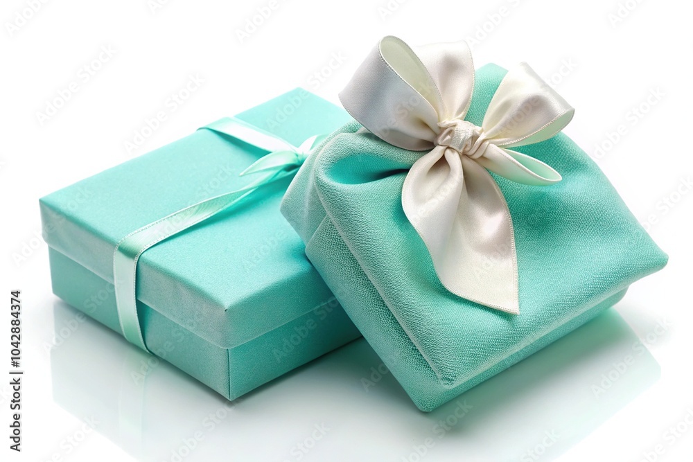 Obraz premium Long shot Tiffany branded gift box with cloth bag on white background