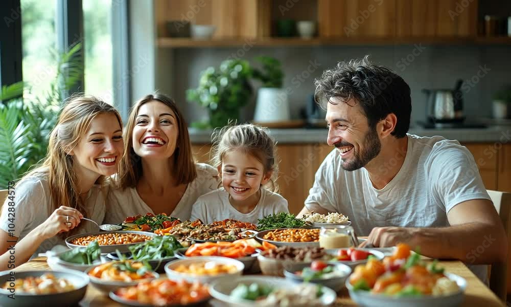 Family enjoying a meal together at a dining table filled with food. Family enjoying a meal together at a dining table filled with food.