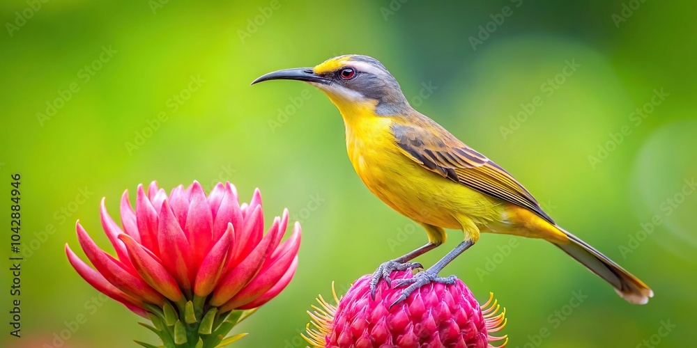 Fototapeta premium Long-billed banana cabbage bird standing on a beautiful flower