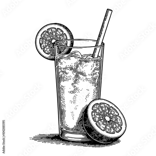 Glass of Lemonade with Ice and Straw in Detailed Black and White Outline Line Art Drawing