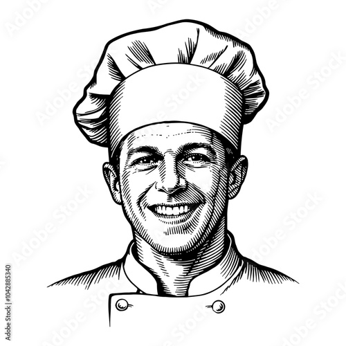Male Chef Smiling Portrait with Chef Hat in Black and White Outline Line Art Drawing