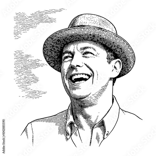 Man Laughing Wearing Straw Hat with Right Hand Raised in Black and White Outline Line Art Drawing