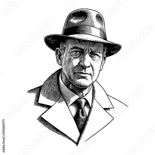 Man in Vintage Detective Suit Portrait in Black and White Outline Line Art Drawing Style