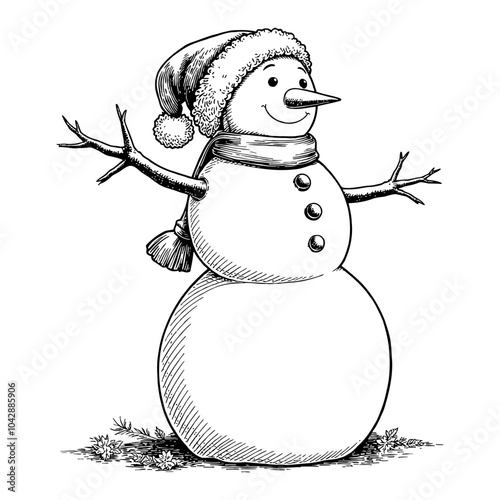 Snowman with Scarf and Hat in Detailed Black and White Outline Line Art Drawing photo