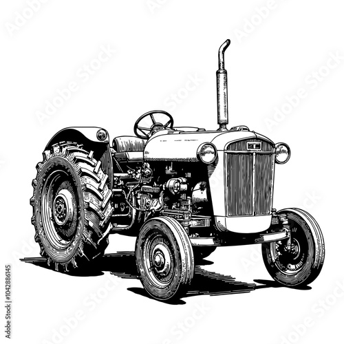 Vintage Tractor Front View in Detailed Black and White Outline Line Art Drawing