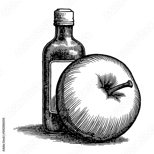 Apple and Cider Bottle Classic Black and White Outline Line Art Drawing with Detailed Design