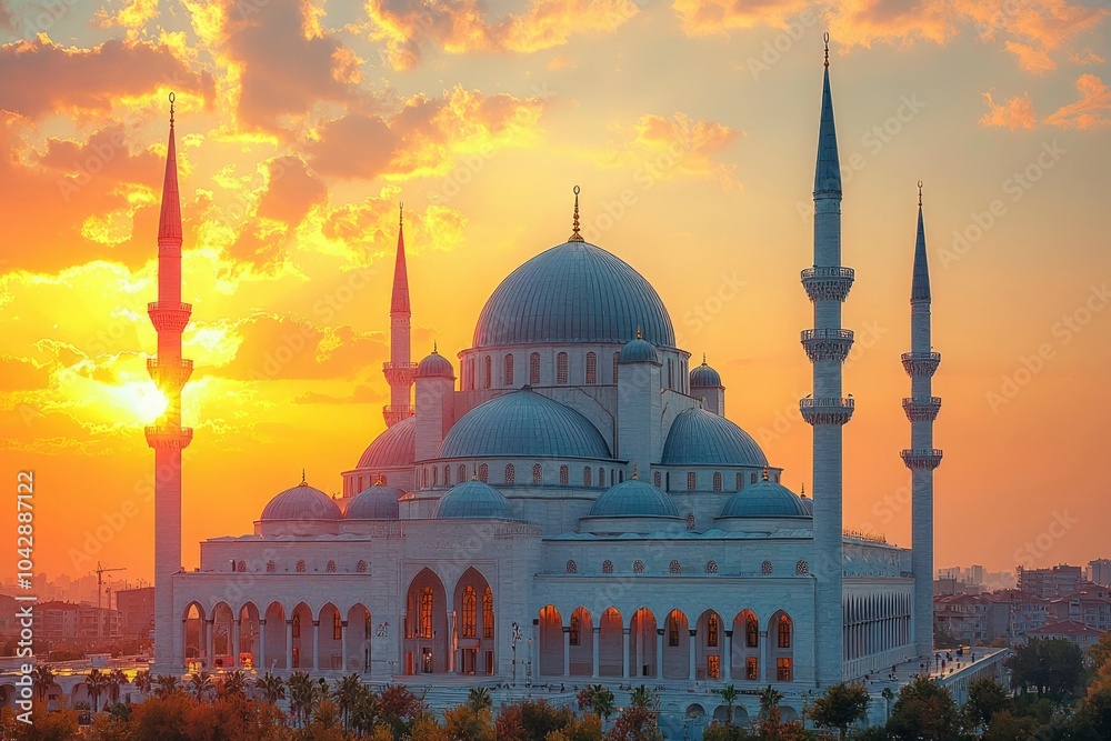 Obraz premium A Majestic Mosque with Tall Minarets against a Dramatic Sunset Sky
