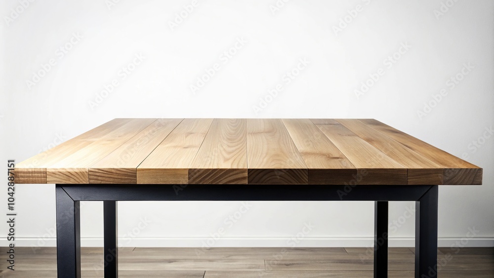 Description: A sleek black table with a wooden top against a white background Description: A sleek black table with a wooden top against a white background