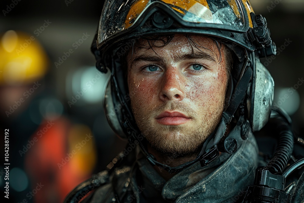 Close-up Portrait of a Firefighter Wearing a Helmet with Water Droplets Close-up Portrait of a Firefighter Wearing a Helmet with Water Droplets