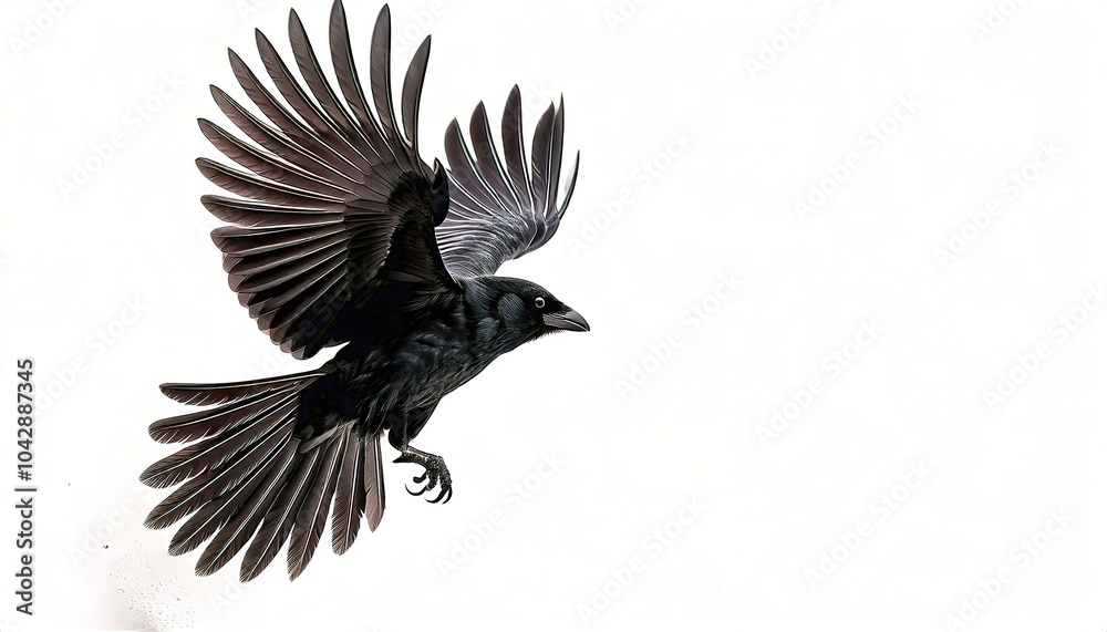 Obraz premium American crow - Corvus brachyrhynchos - in flight flying with Wing spread, isolated cutout on white background with copy space. One of the most common species of bird in North America