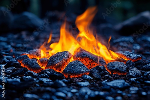 Burning Coals with Flames in a Fire Pit