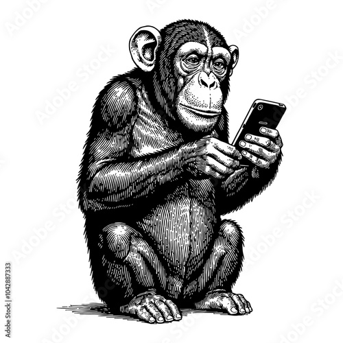 Confused Chimpanzee Holding Phone in Detailed Black and White Outline Line Art Drawing