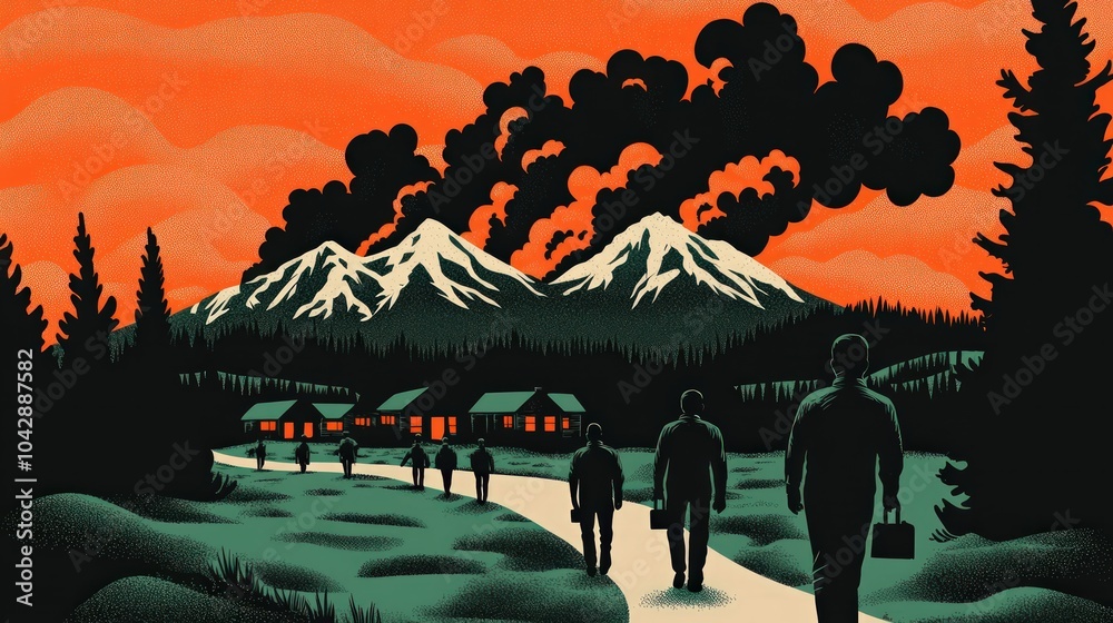 Fototapeta premium Silhouettes of Travelers Journeying Through an Ominous Landscape with Smoky Skies Above