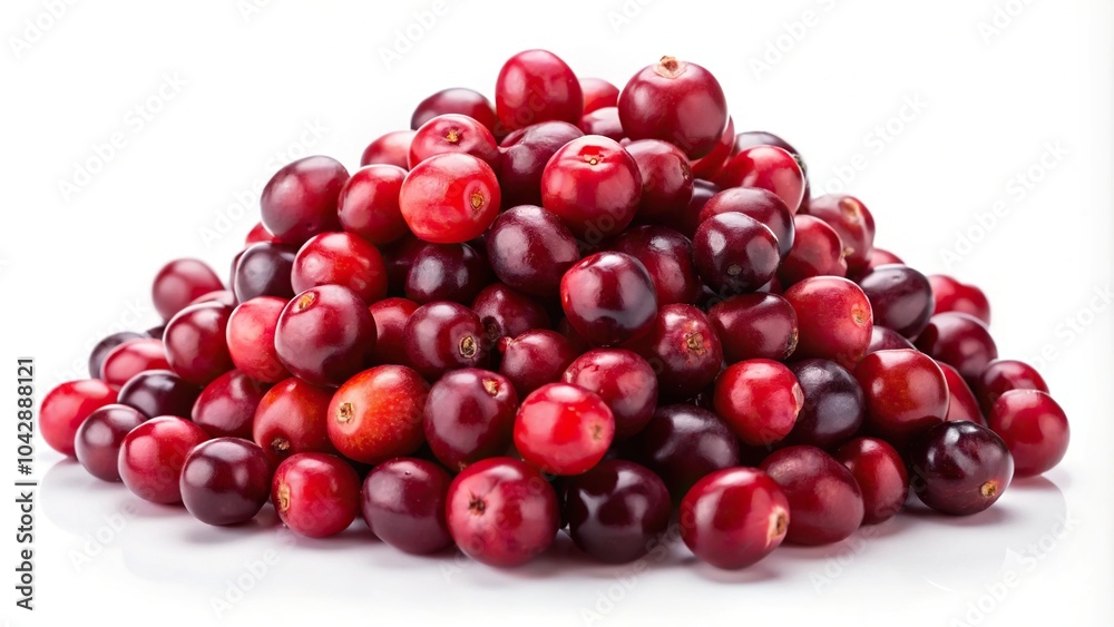 Description: Cranberries falling on a pile with levitating cranberries on a white background. Description: Cranberries falling on a pile with levitating cranberries on a white background.