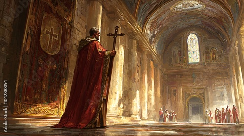 Saint Augustine of Canterbury stands resolutely with a cross, encircled by ancient scriptures that represent the dawn of Christianity in England.