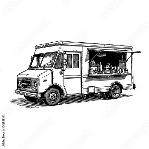 Food Truck with Open Window in Detailed Black and White Outline Line Art Drawing Style