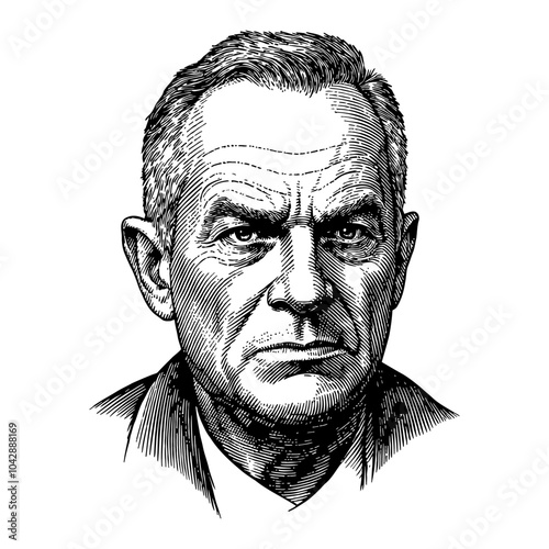 Frowning Angry Man Portrait in Detailed Black and White Outline Line Art Drawing Style