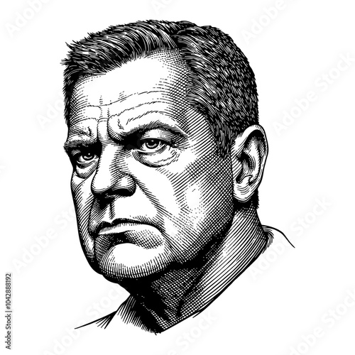 Frowning Angry Man Portrait with Intense Expression in Black and White Outline Line Art Drawing