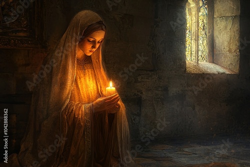 Saint Clare, draped in a flowing robe, ponders the glow of a solitary candle in a shadowy room, symbolizing hope and reflection.