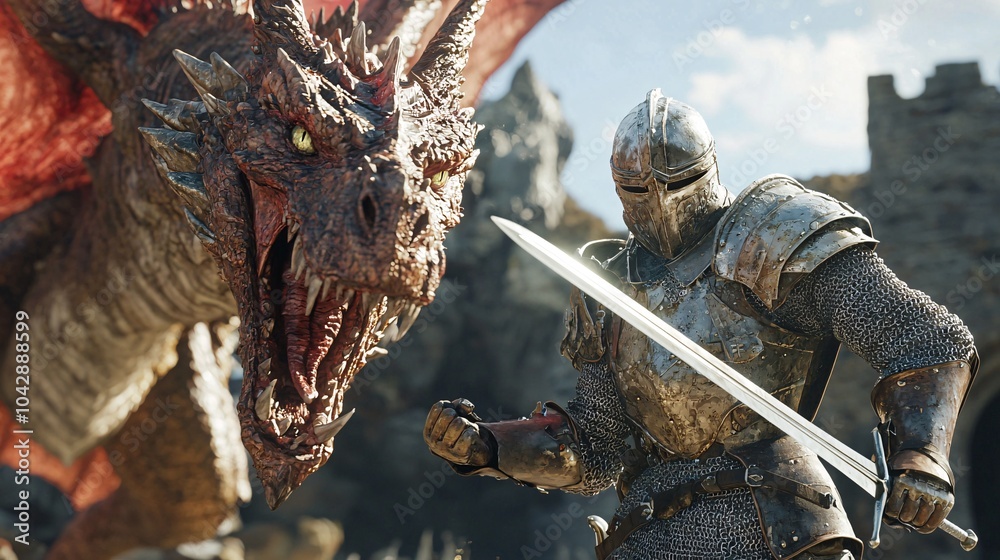 Obraz premium Saint George, armored and resolute, brandishes his shining sword against a menacing dragon on a medieval battlefield.
